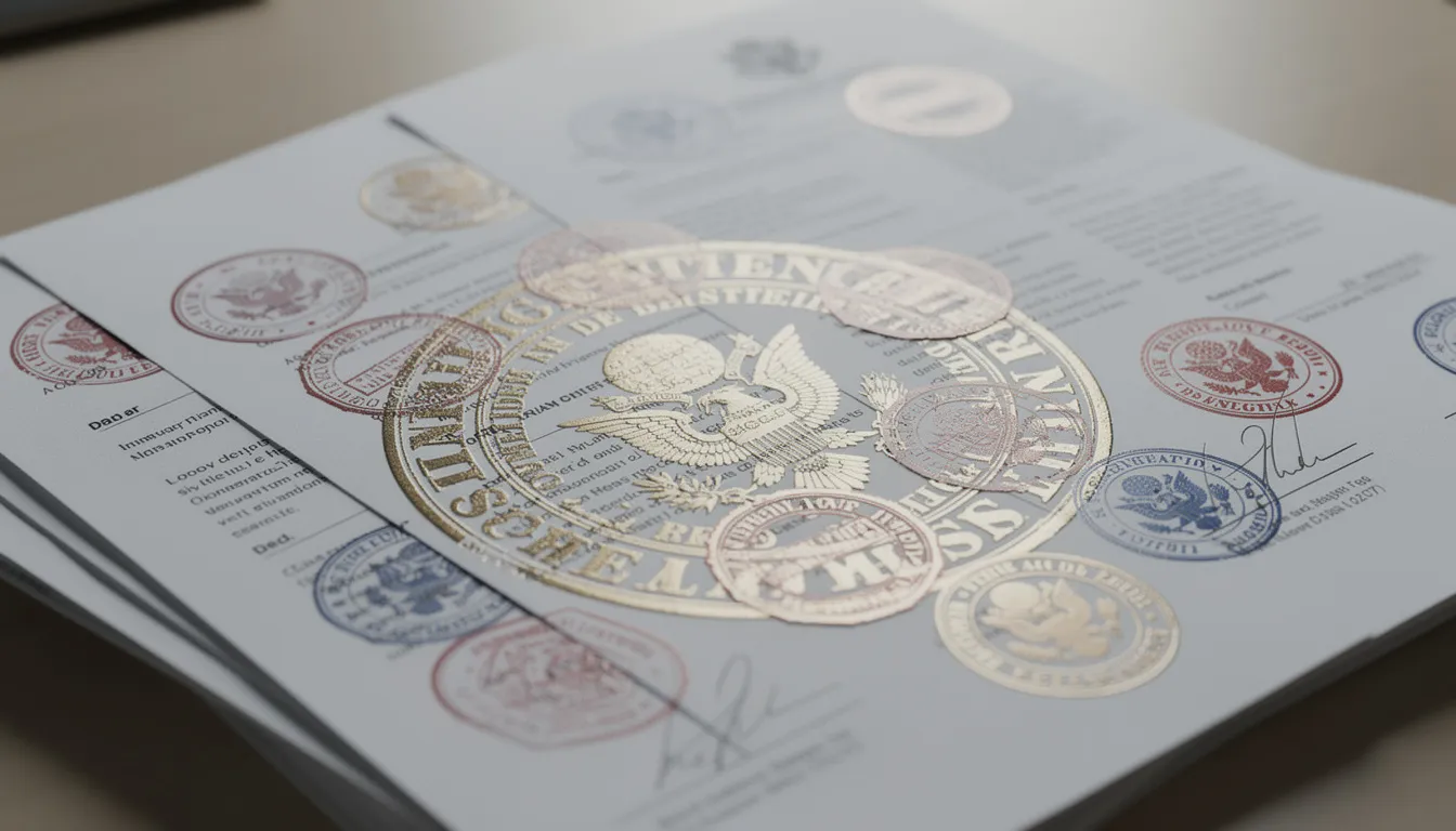 The image features a collection of official government stamps and certification seals affixed to various documents, including birth and marriage certificates, showcasing the authentication process for apostille documents as recognized by the Hague Apostille Convention. These seals signify the documents' validity for international use, ensuring they are legally recognized in foreign countries.