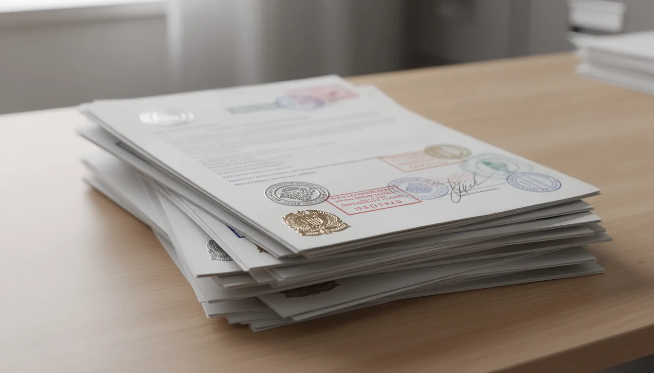 The image depicts a stack of official documents prominently featuring various stamps and seals, indicating their certification through authentication services. This visual representation highlights the importance of reliable document authentication, which serves both personal and corporate needs in a timely manner.