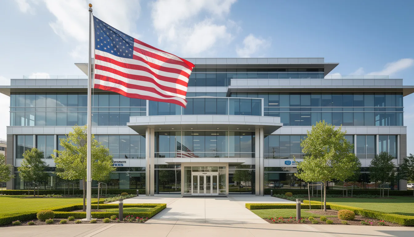 The image depicts a modern professional office building exterior, prominently featuring an American flag waving in front. This setting symbolizes a reliable environment for businesses and individuals seeking authentication services for personal and corporate documents in the Washington DC metropolitan area.