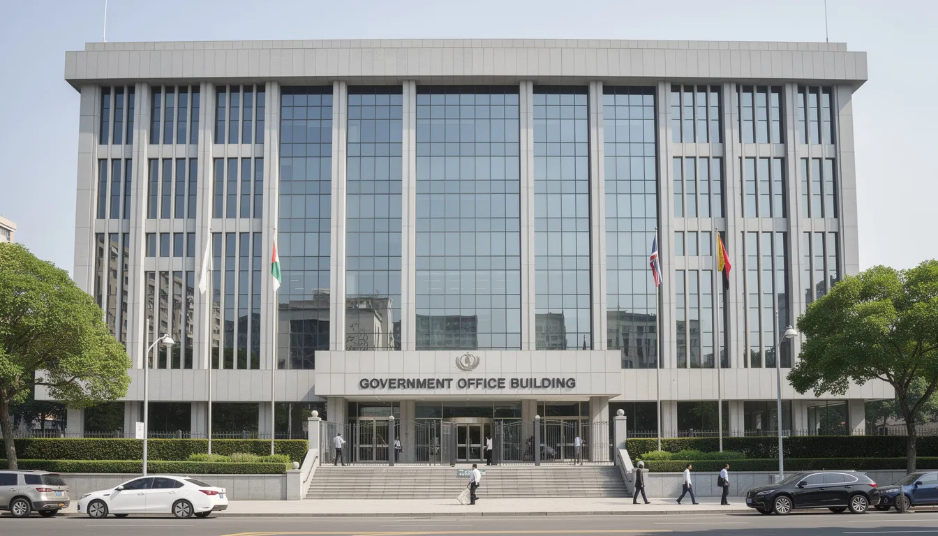 The image depicts a large government office building prominently displaying official signage related to the California Secretary of State. This location is likely involved in the apostille process, providing services for vital records and legal documents, including birth certificates and educational documents, for both local and international use.