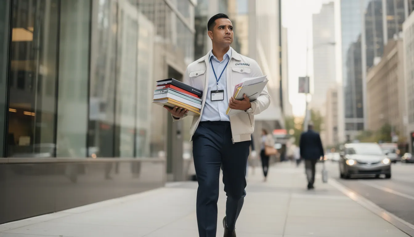 A professional courier is seen carrying several document folders while standing near a downtown building, likely preparing to submit legal documents for apostille processing at the California Secretary of State's office. The scene captures the essential role of couriers in facilitating the apostille process for vital records and international business needs.