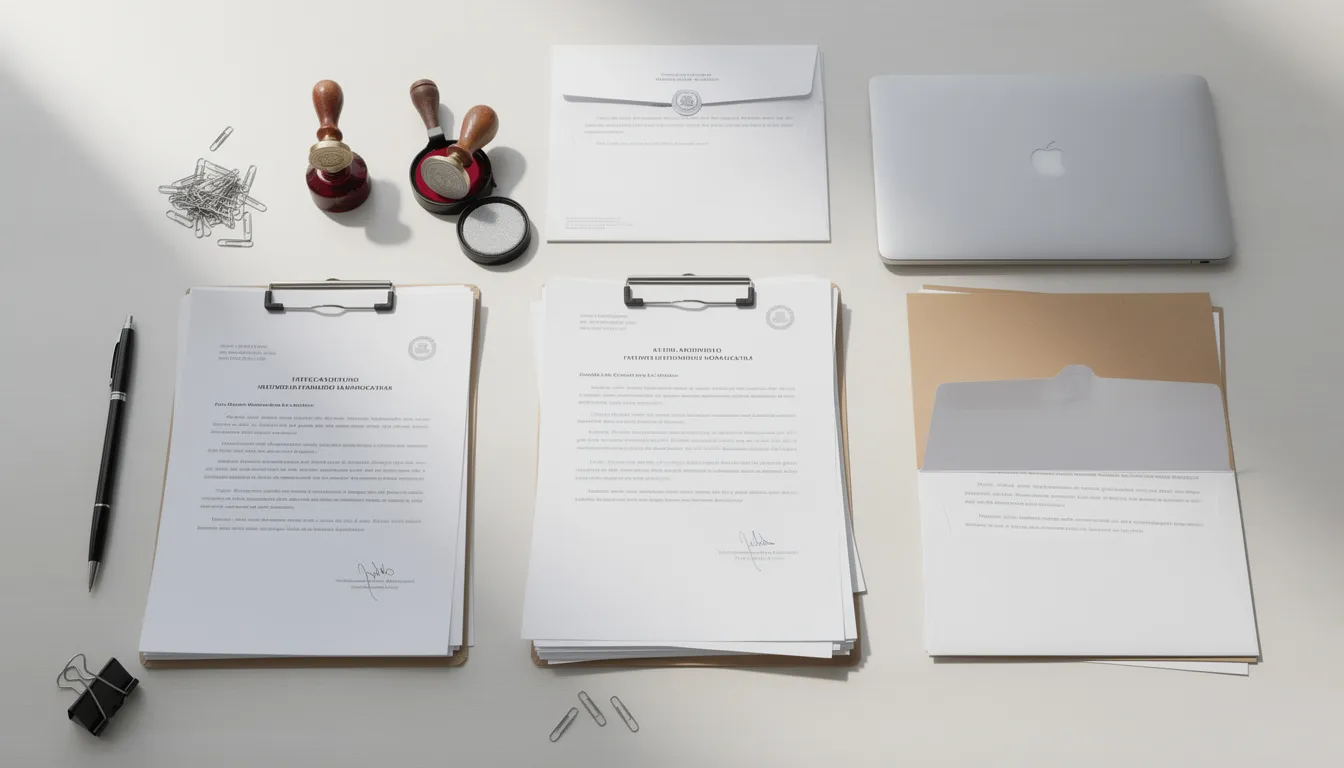 The image depicts an organized desk featuring official documents, stamps, and envelopes, suggesting a workspace dedicated to tasks like apostille certification and notarization services in Boston, Massachusetts. This setup reflects the meticulous process of preparing documents for international use, such as divorce decrees and diplomas, ensuring their authenticity through the Massachusetts Secretary of the Commonwealth.