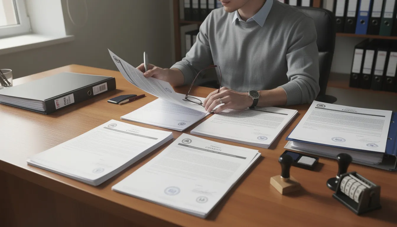The image depicts a person examining a collection of official documents on a desk, which are adorned with various stamps and seals, indicating their importance as legal and administrative documents. These may include vital records, court documents, and certificates that require authentication through the apostille process, highlighting the significance of proper certification for foreign public documents.