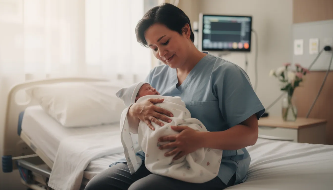 A parent gently cradles a newborn baby in a softly lit hospital room, embodying a tender moment of new life. This scene represents the beginning of a child's journey, which will eventually lead to the issuance of vital records such as a birth certificate for legal purposes.