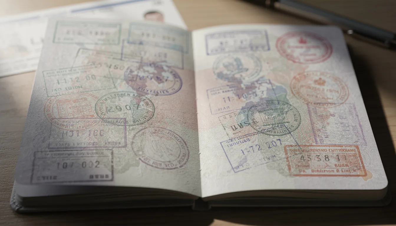 The image depicts a passport filled with various international travel stamps, showcasing the authenticity and validity of the traveler's journeys. Each stamp represents a different destination country, highlighting the importance of apostille documents for international use and the need for proper certification to avoid delays in travel.