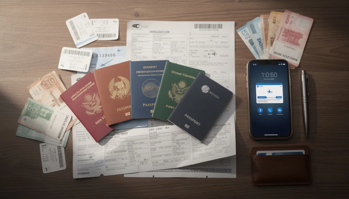 The image depicts a collection of international travel documents and passports neatly arranged on a desk, highlighting various legal documents that may require apostille services for international use. This setup suggests a focus on the apostille process, which is essential for validating documents for government agencies and international business transactions.