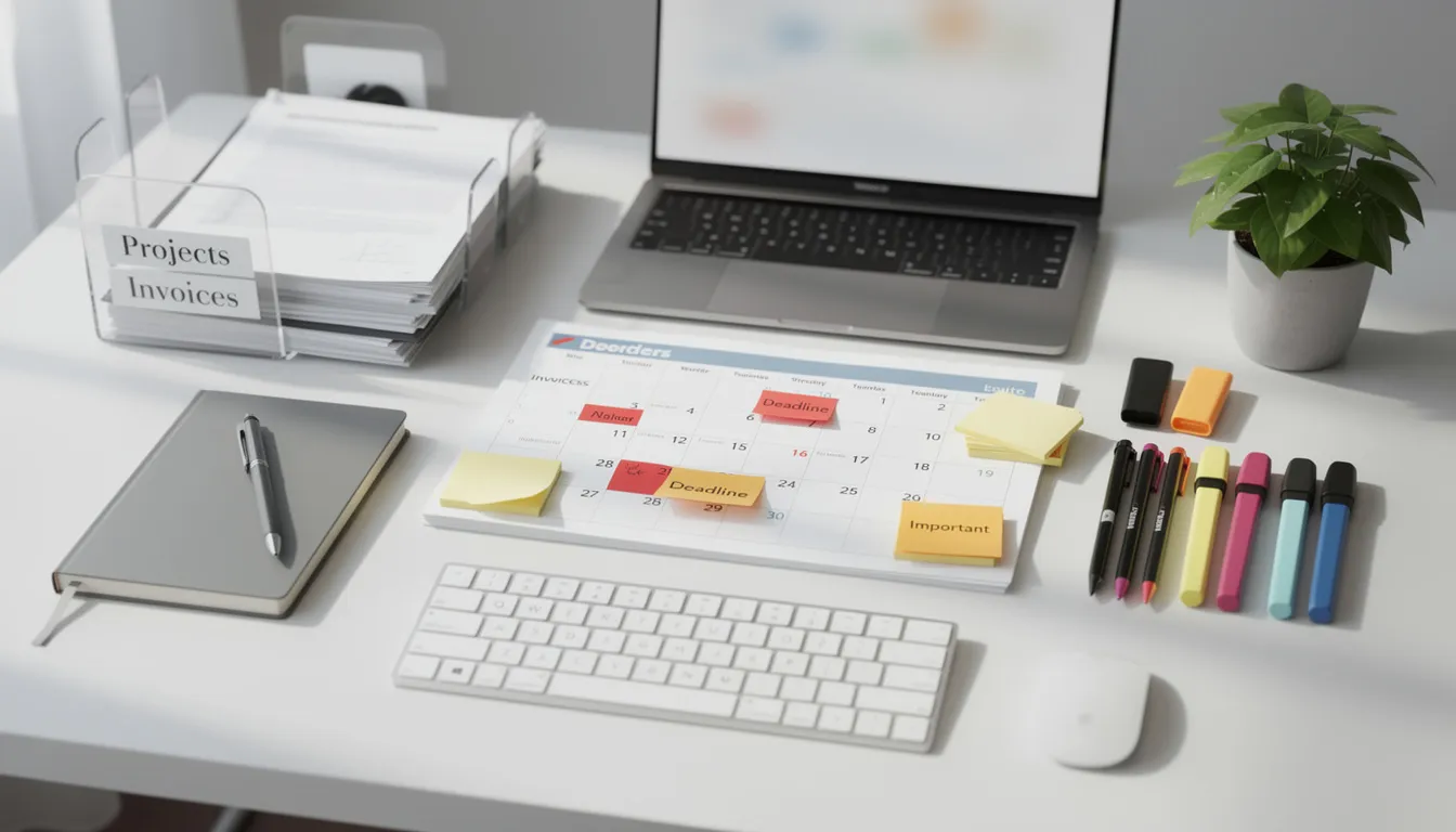 The image shows a neatly organized office desk featuring a calendar with highlighted deadlines and various markers indicating important dates. This setup is ideal for managing apostille requests and ensuring timely submissions of legal documents to government agencies, such as the California Secretary of State.