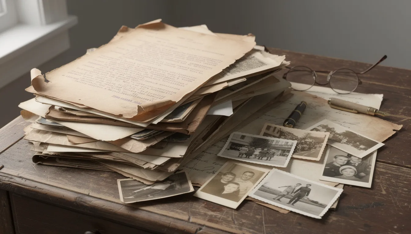The image features a stack of vintage documents and old photographs, including marriage certificates and birth certificates, that may represent the heritage and ancestry of Hungarian citizens. These items reflect the rich history and cultural ties that individuals may explore when obtaining Hungarian citizenship by descent.