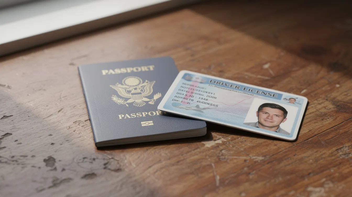 The image features a passport and a driver's license placed on a wooden desk, symbolizing essential identity documents often required for various official purposes, such as obtaining vital records like birth and death certificates. The warm wood texture contrasts with the sleek appearance of the documents, highlighting their importance in verifying personal identity.