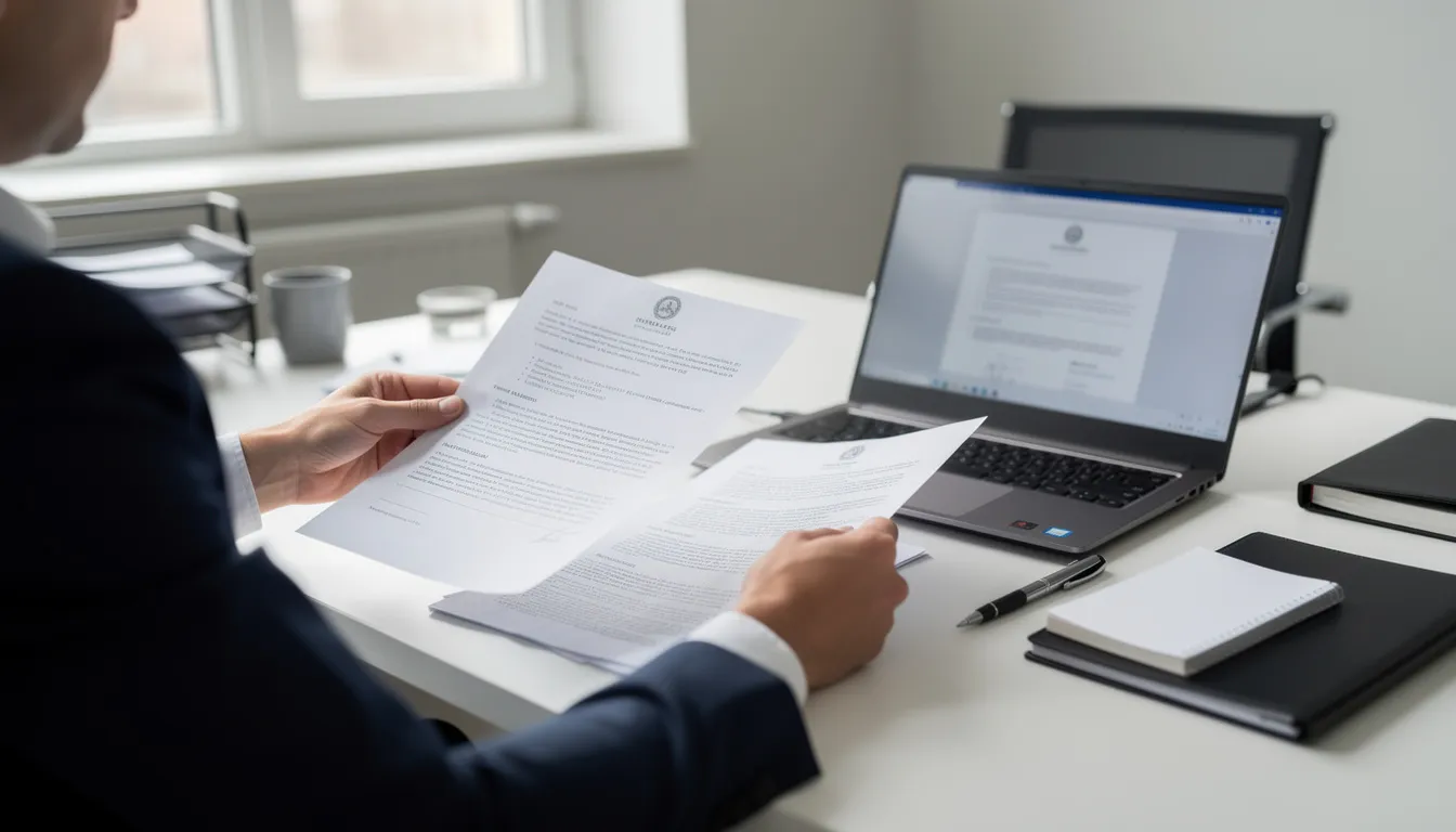 A person is seated at a desk, reviewing official documents such as a birth certificate, with a laptop nearby. The setting suggests they are preparing to submit vital records or verify details related to identity and family history.