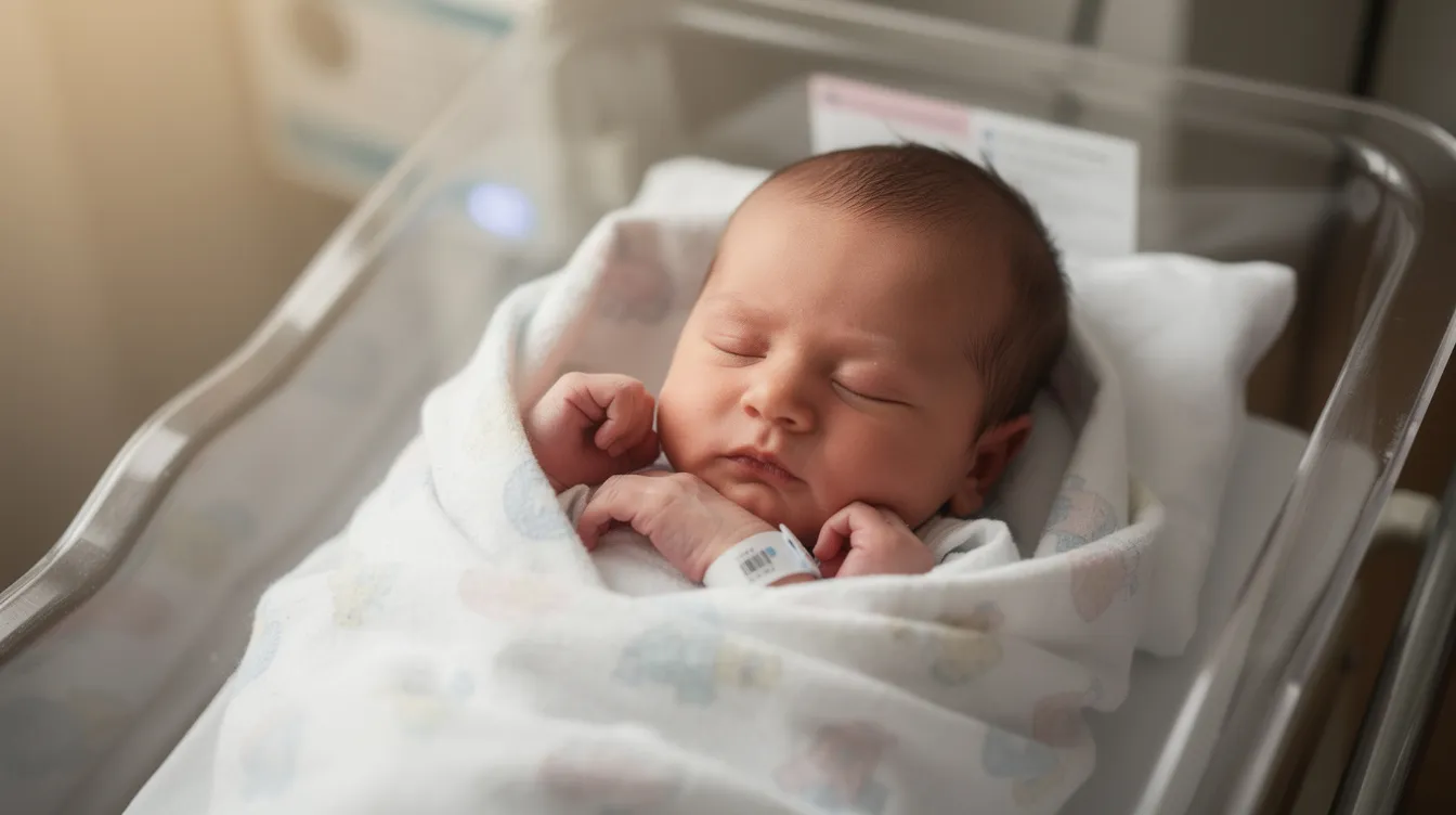 A peaceful newborn baby is sleeping in a hospital bassinet, surrounded by soft lighting that creates a warm and serene atmosphere. The image captures the essence of new life, evoking feelings of joy and hope as the baby rests comfortably, symbolizing the beginning of a family's journey and the importance of vital records such as a birth certificate.